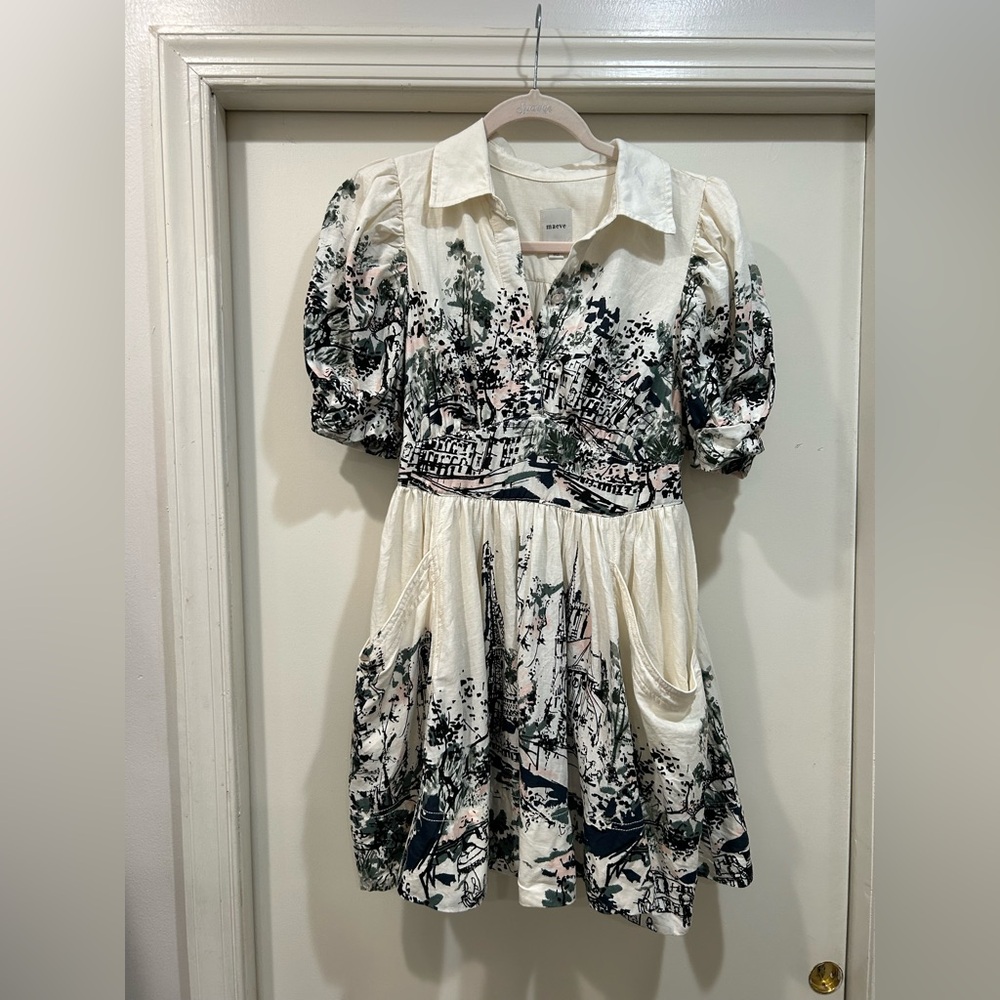 Maeve Cream Mini Dress with Black & Green Scenic Print